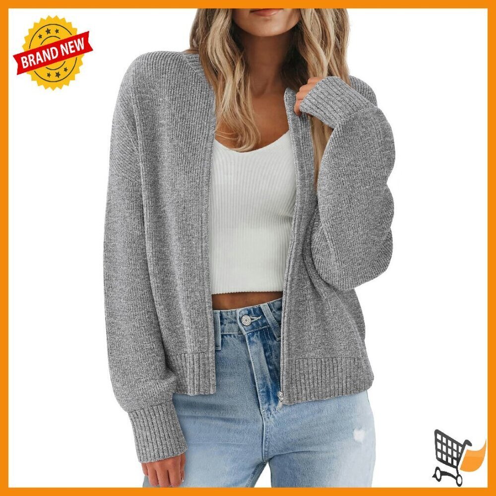 Chunky Ribbed Knit Cardigan Zipper Front Cozy Fall Sweater